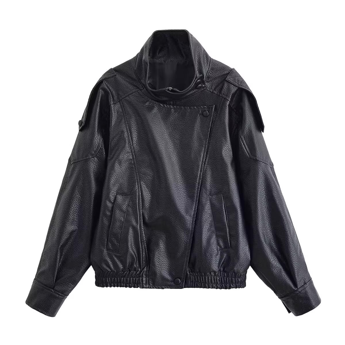 Black Faux Leather Stand Collar Jacket