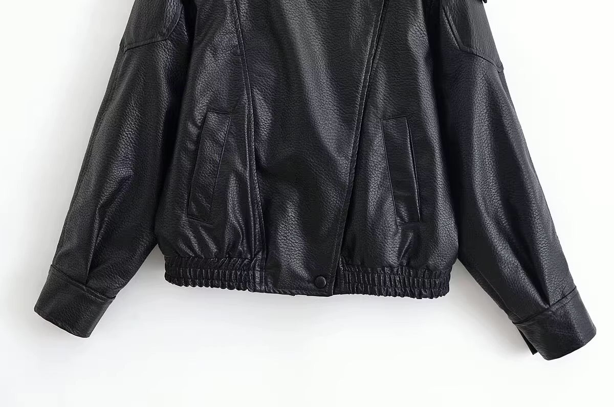 Black Faux Leather Stand Collar Jacket