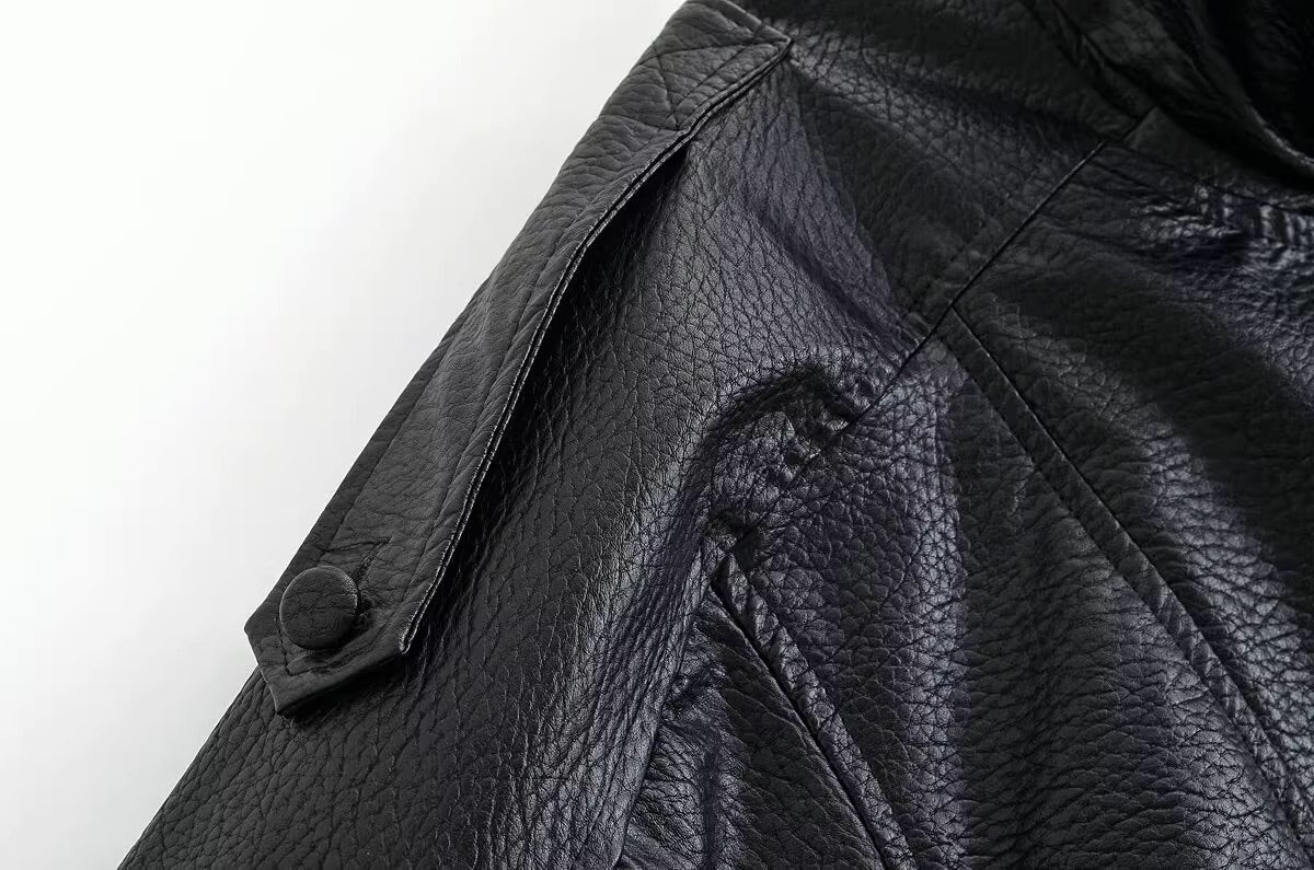 Black Faux Leather Stand Collar Jacket