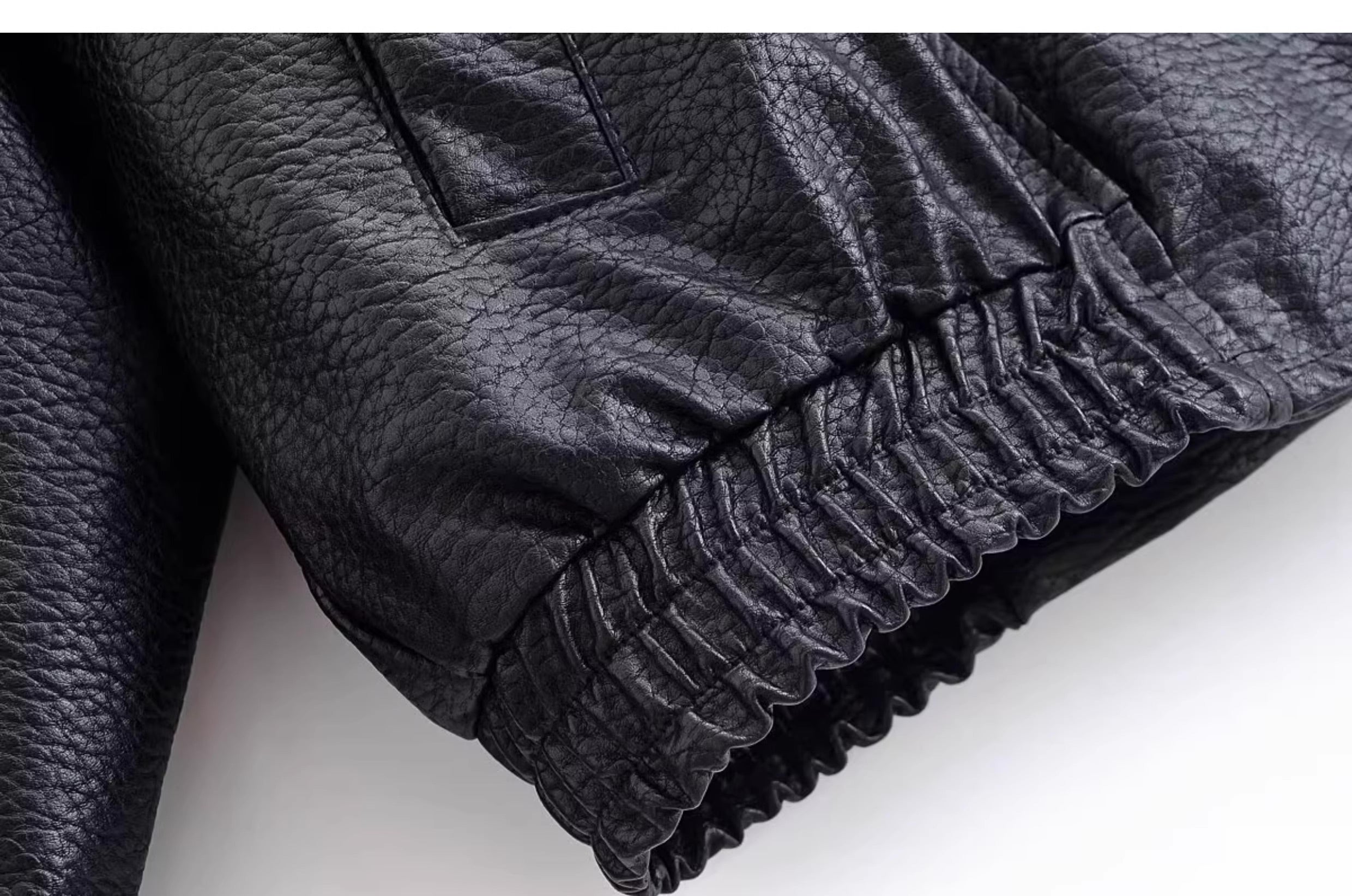 Black Faux Leather Stand Collar Jacket
