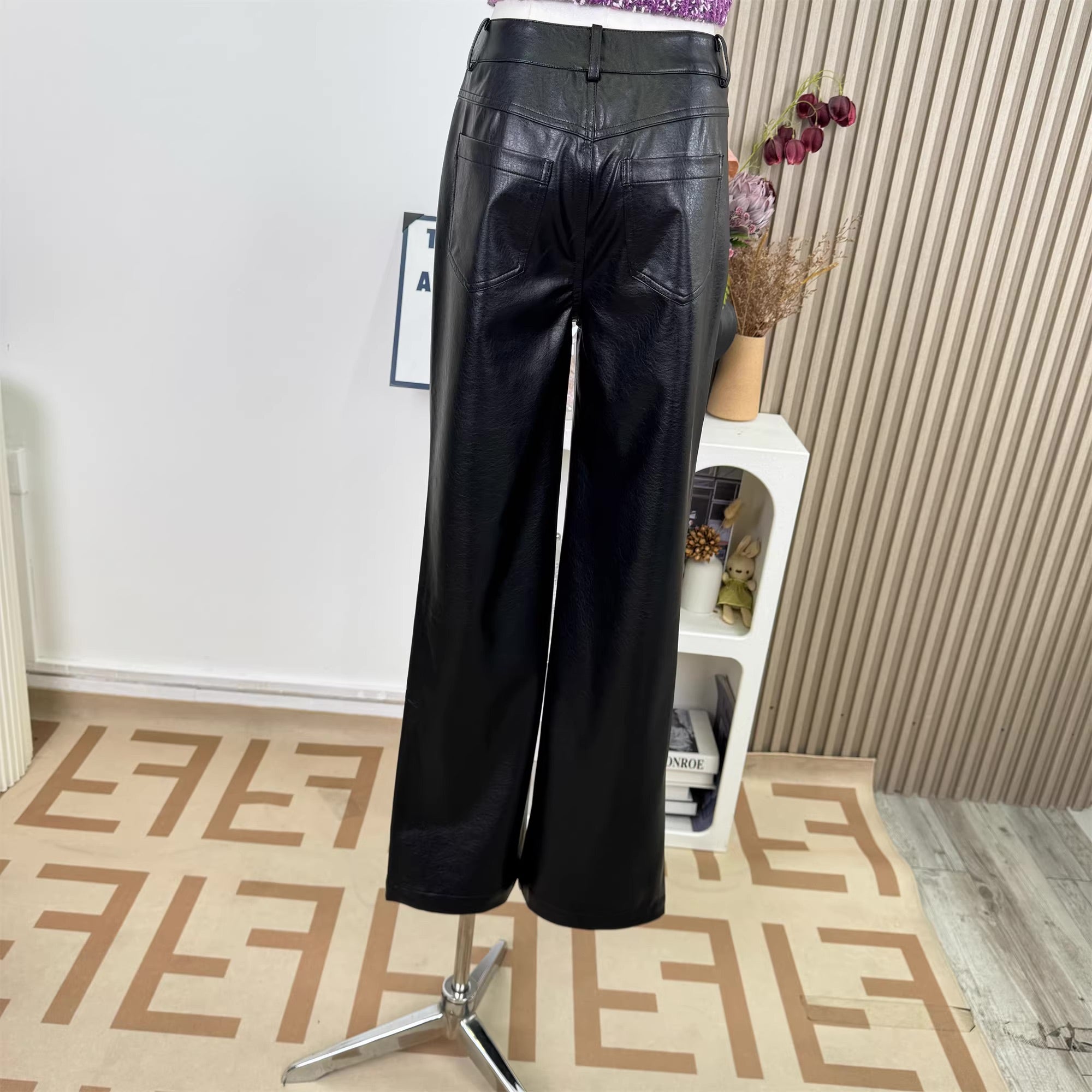 Black Faux Leather Straight Cut Pants