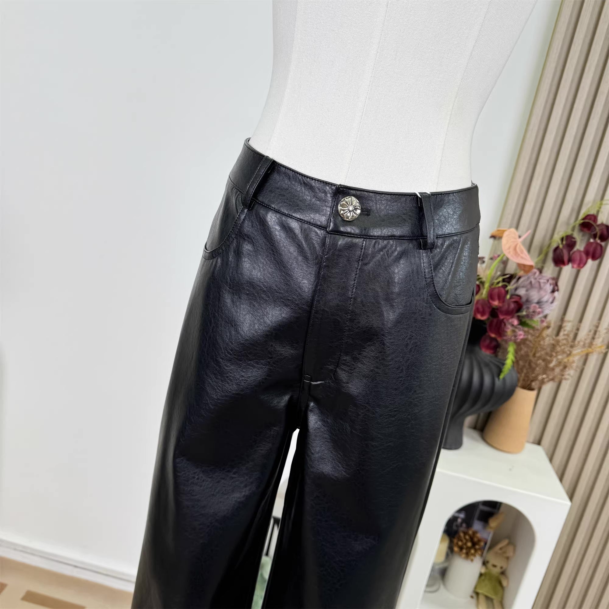 Black Faux Leather Straight Cut Pants