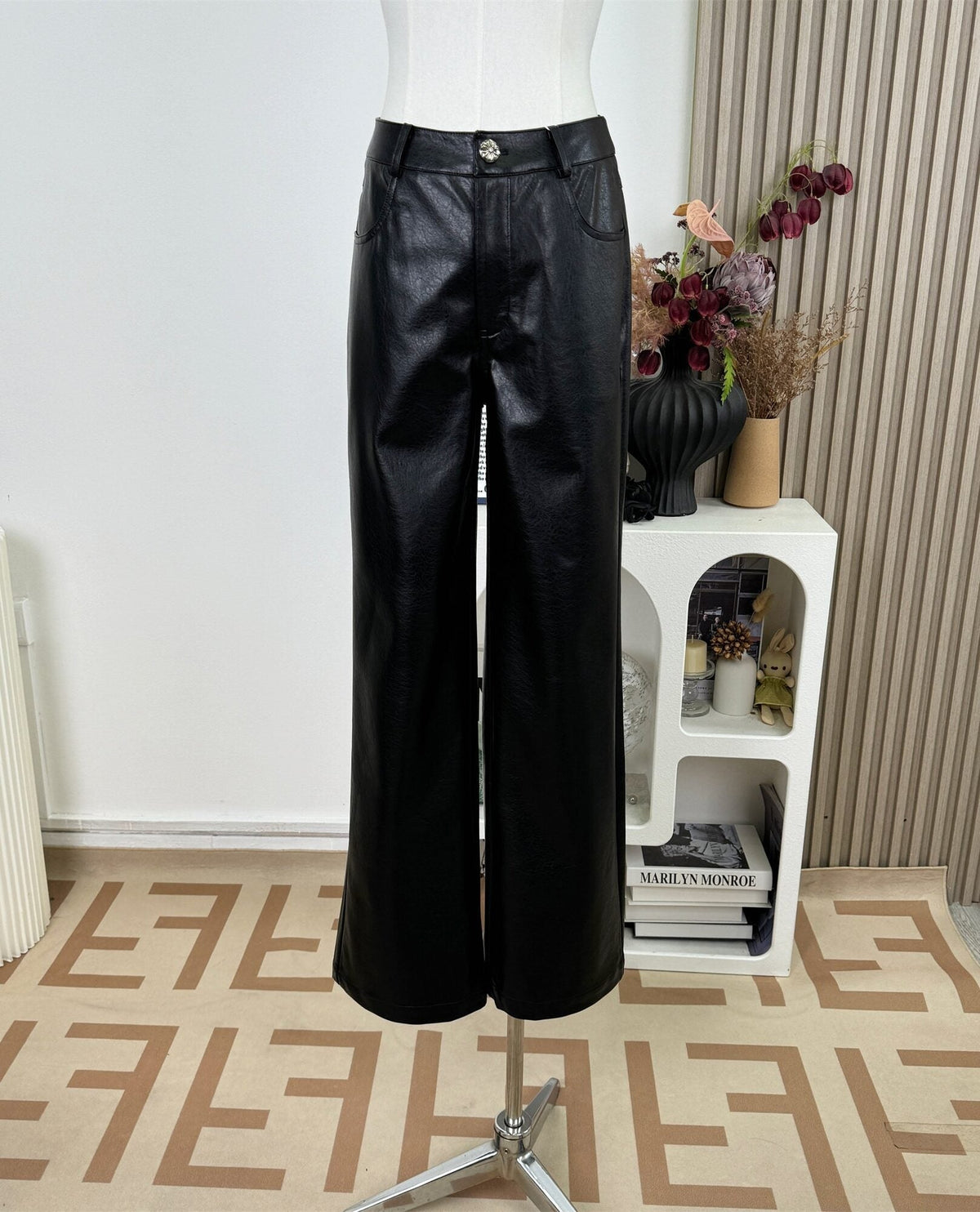 Black Faux Leather Straight Cut Pants
