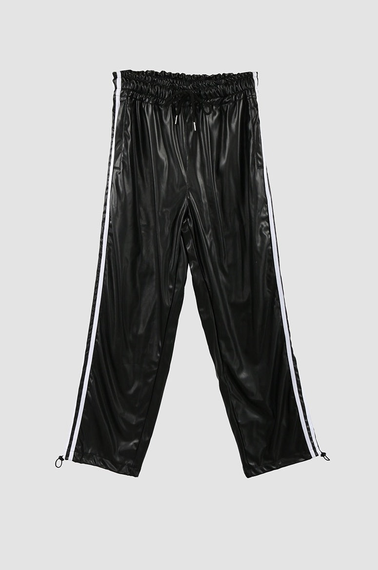 Black Faux Leather Track Pants