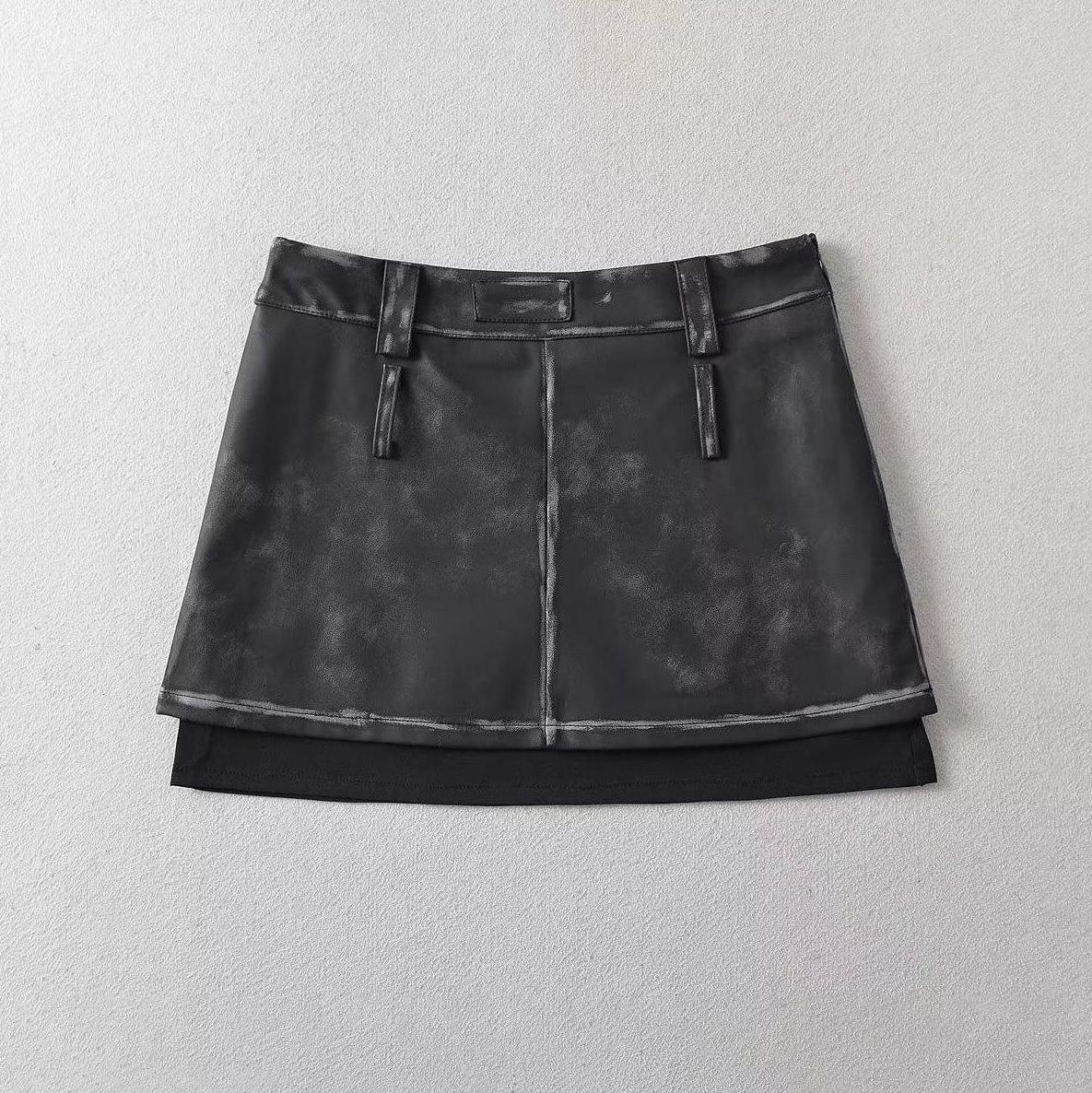 Black Faux Leather Two-Piece Illusion Mini Skirt