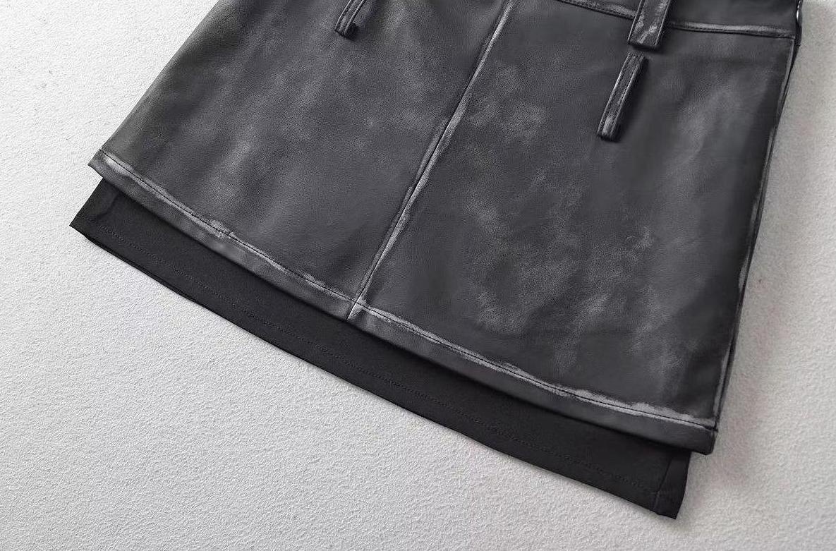 Black Faux Leather Two-Piece Illusion Mini Skirt
