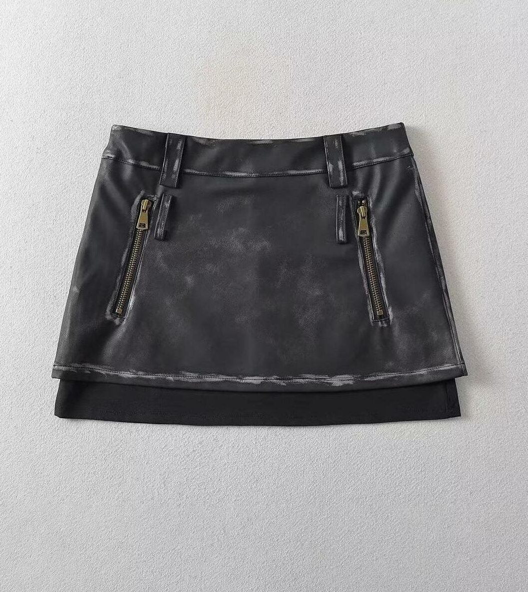 Black Faux Leather Two-Piece Illusion Mini Skirt