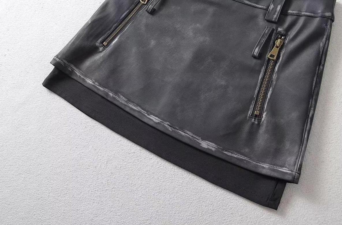 Black Faux Leather Two-Piece Illusion Mini Skirt