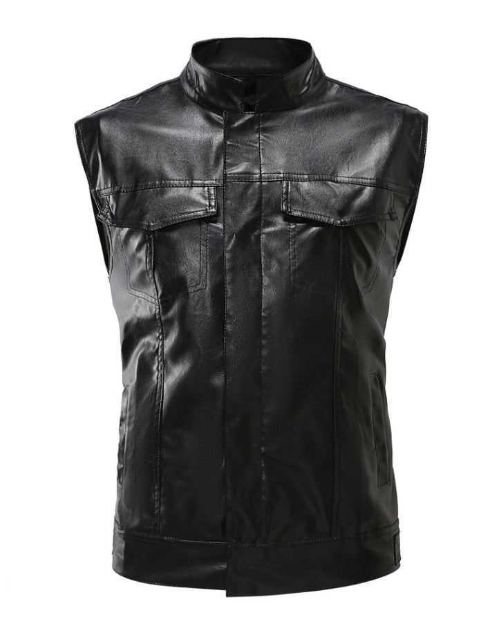 Black Faux Leather Zipper Biker Vest