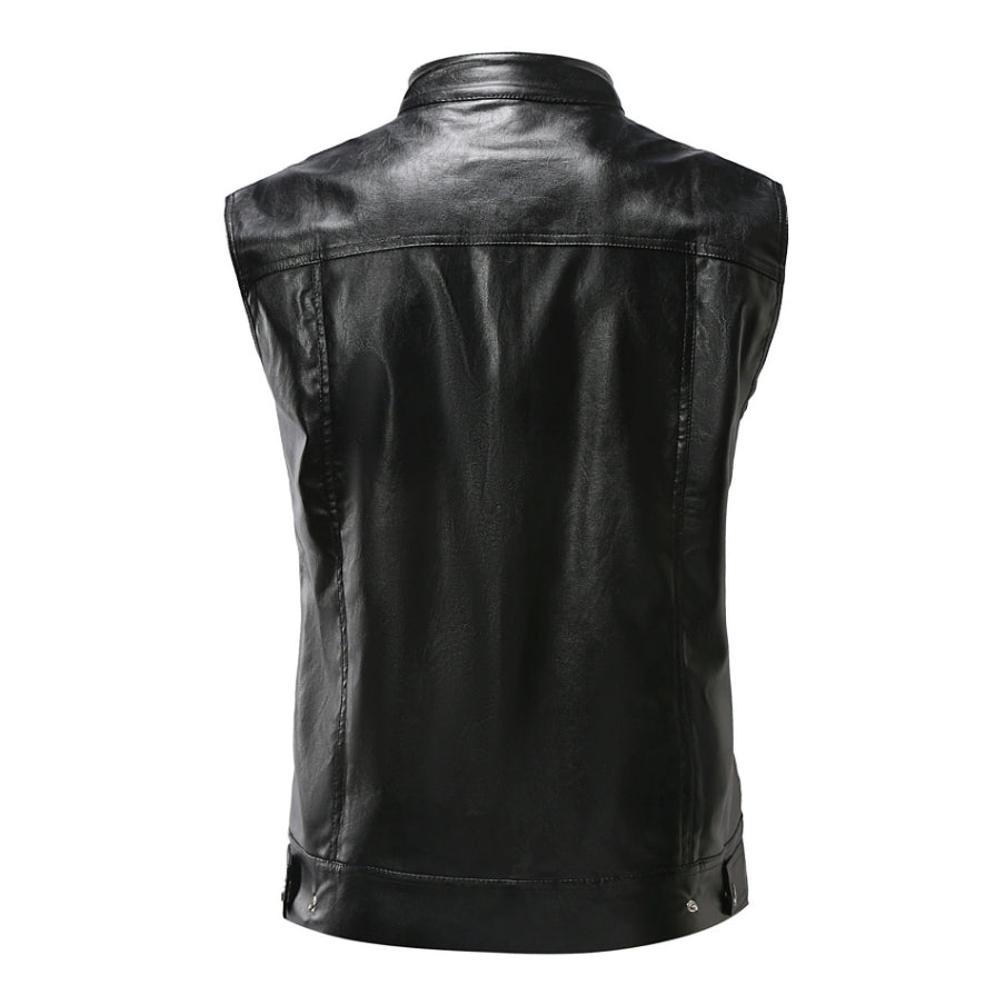 Black Faux Leather Zipper Biker Vest