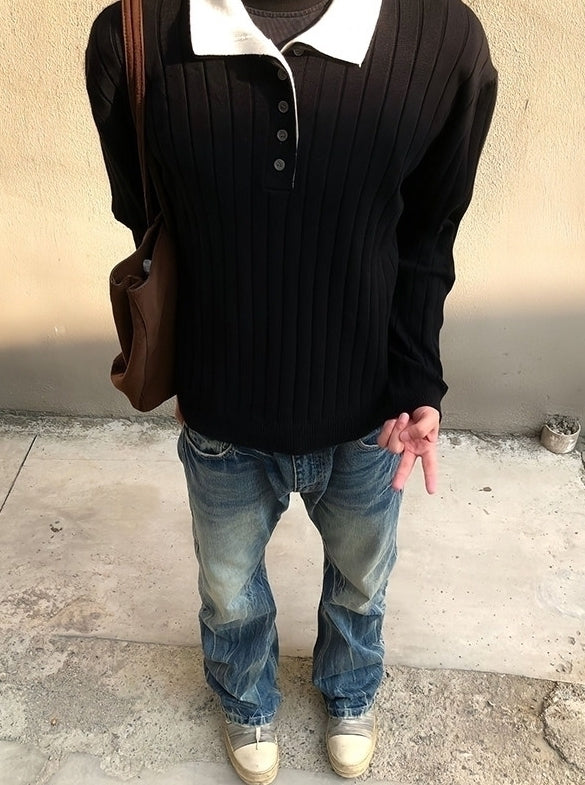 Black Faux Two-Piece Polo Sweater