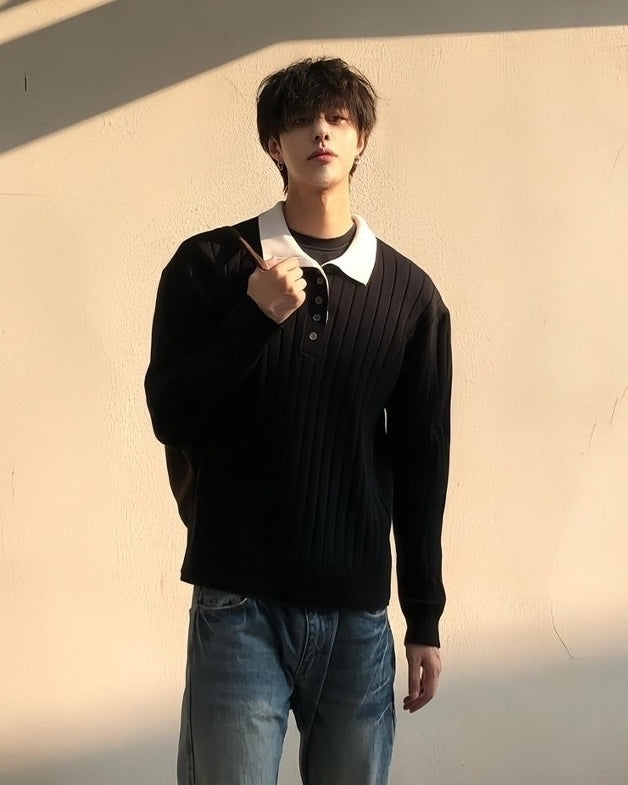 Black Faux Two-Piece Polo Sweater