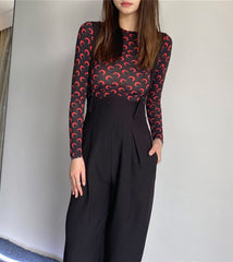 Black Fitted Top With Red Moon Pattern