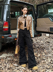 Black Flared Cargo Pockets Pants