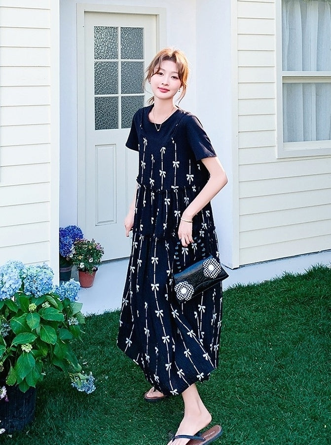 Black Floral Layered T-Shirt Dress