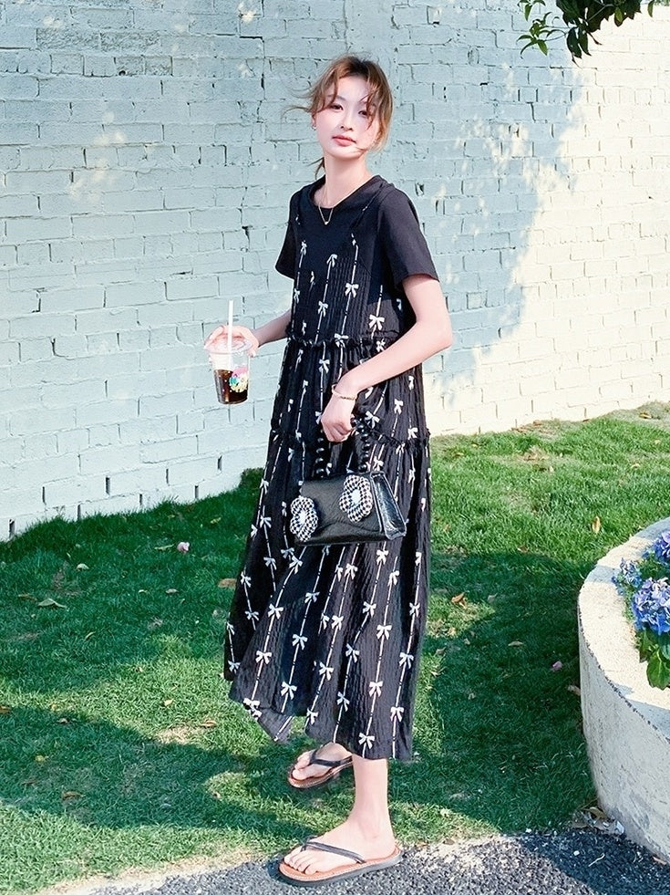 Black Floral Layered T-Shirt Dress