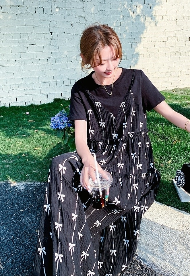 Black Floral Layered T-Shirt Dress