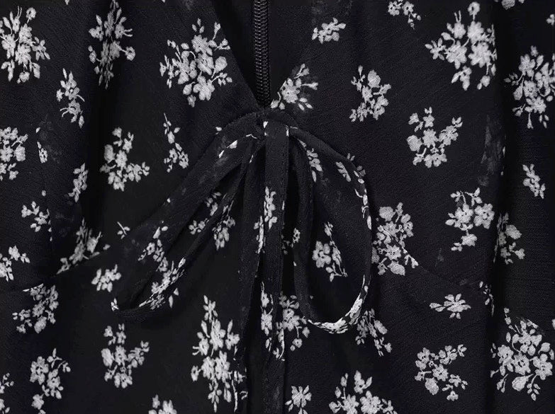 Black Floral Mesh Long Sleeves Dress