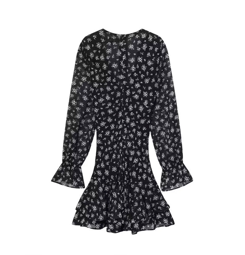 Black Floral Mesh Long Sleeves Dress