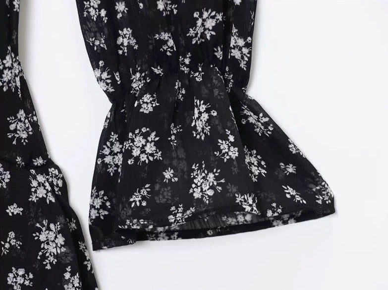 Black Floral Mesh Long Sleeves Dress
