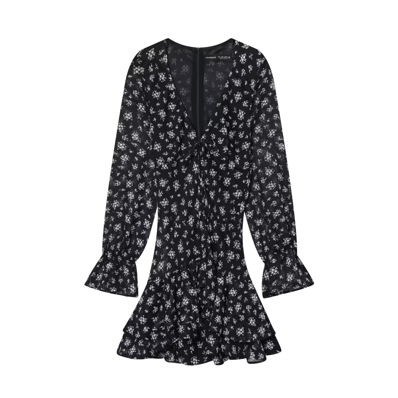 Black Floral Mesh Long Sleeves Dress