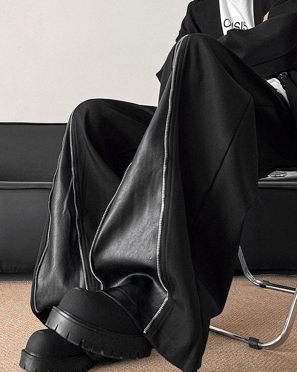 Black Front-Zip Wide Leg Pants