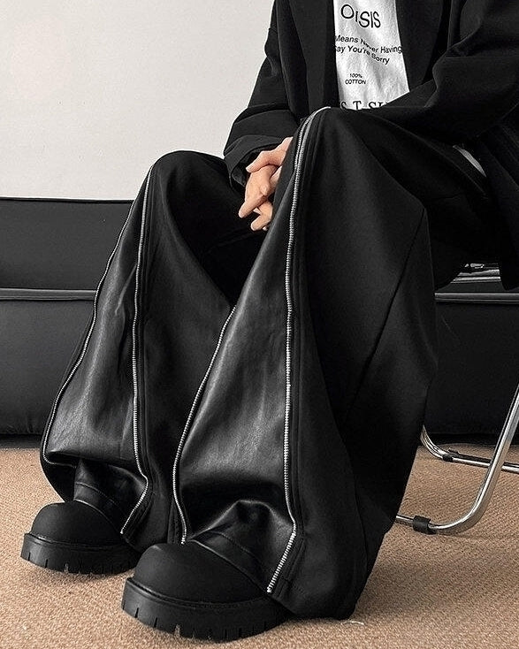 Black Front-Zip Wide Leg Pants