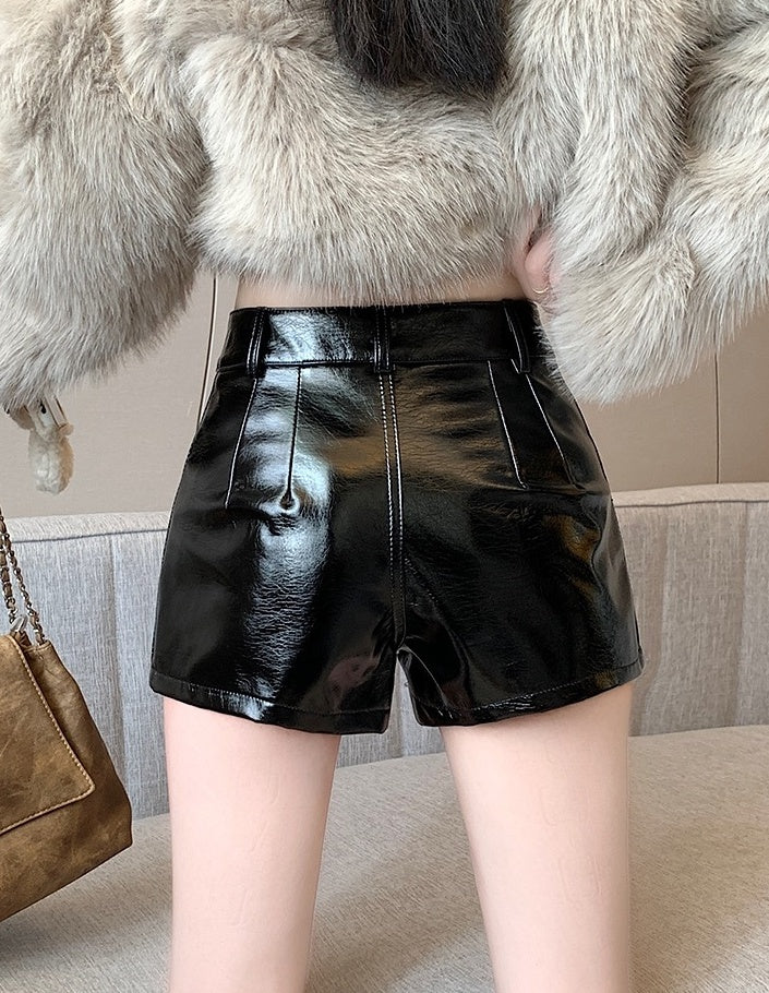 Black Glossy Faux Leather Shorts