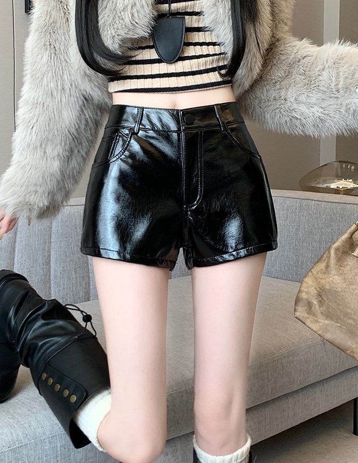 Black Glossy Faux Leather Shorts