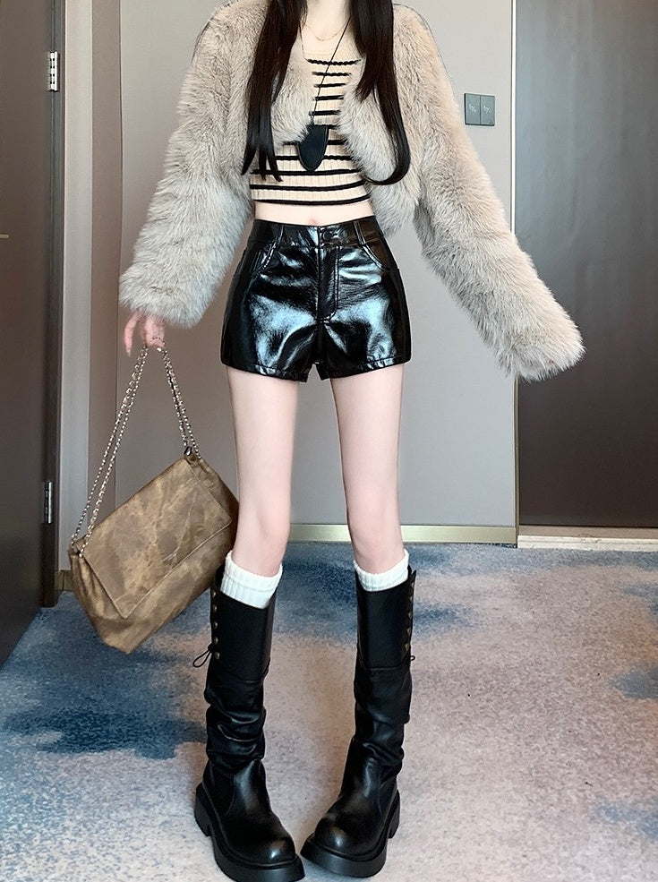 Black Glossy Faux Leather Shorts
