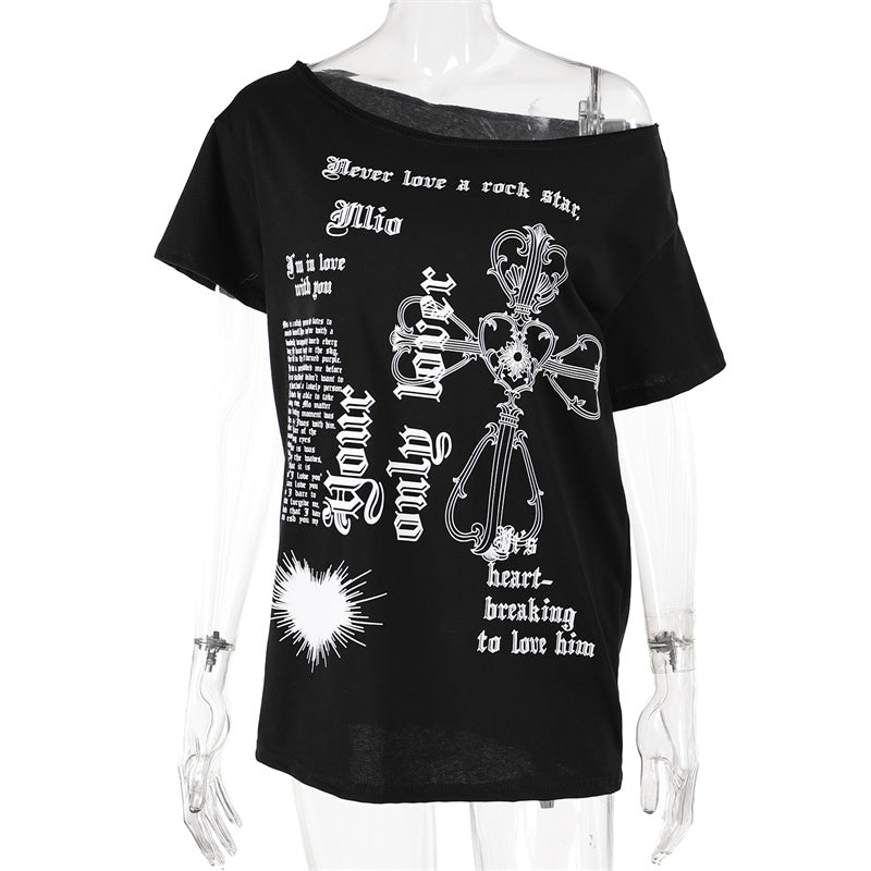 Black Gothic Print Asymmetrical T-Shirt