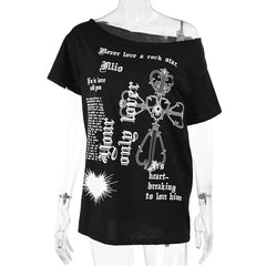 Black Gothic Print Asymmetrical T-Shirt