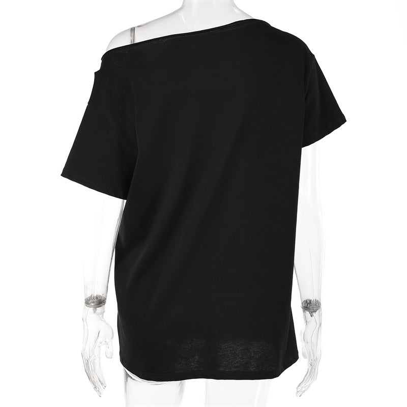 Black Gothic Print Asymmetrical T-Shirt