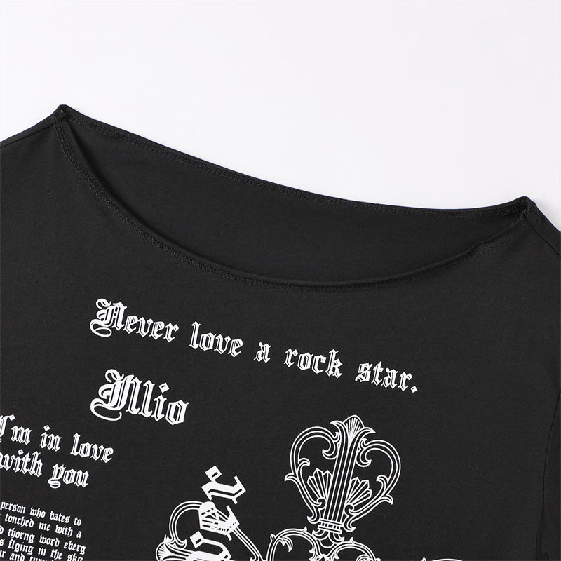 Black Gothic Print Asymmetrical T-Shirt