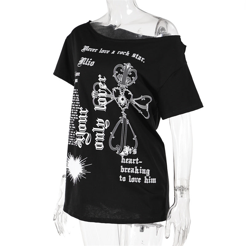 Black Gothic Print Asymmetrical T-Shirt