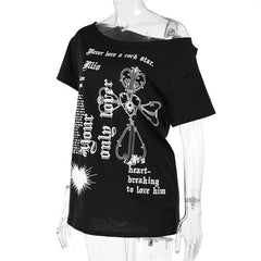 Black Gothic Print Asymmetrical T-Shirt