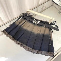 Black Gradient Washed Pleated Denim Skirt