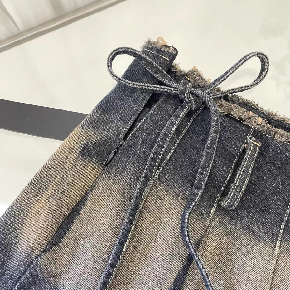 Black Gradient Washed Pleated Denim Skirt