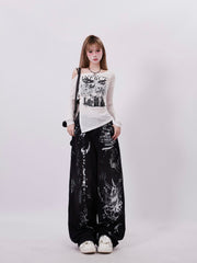 Black Graffiti Print Wide Leg Pants