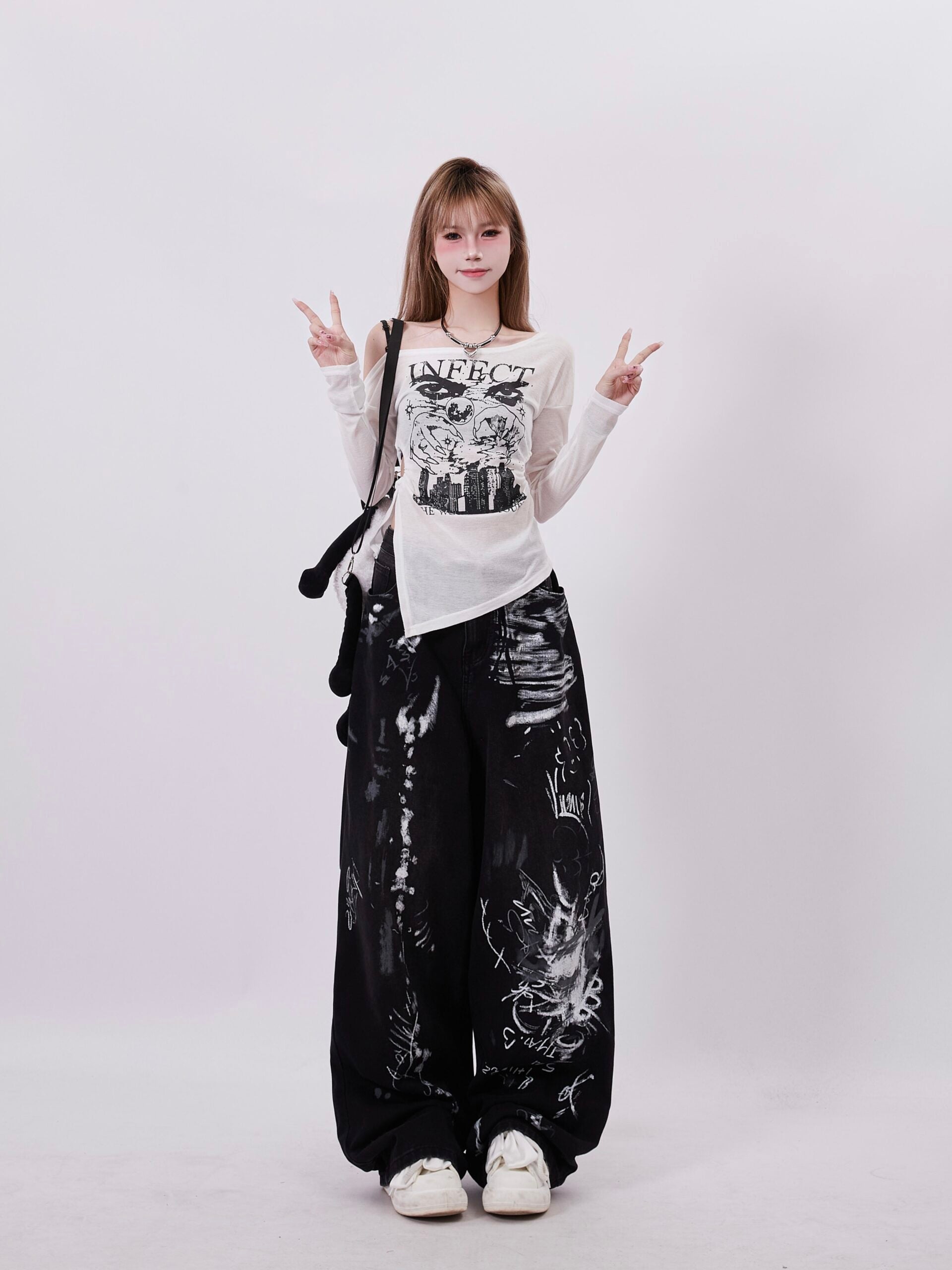 Black Graffiti Print Wide Leg Pants