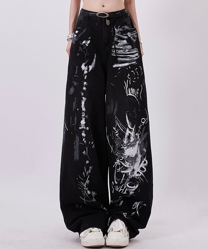 Black Graffiti Print Wide Leg Pants