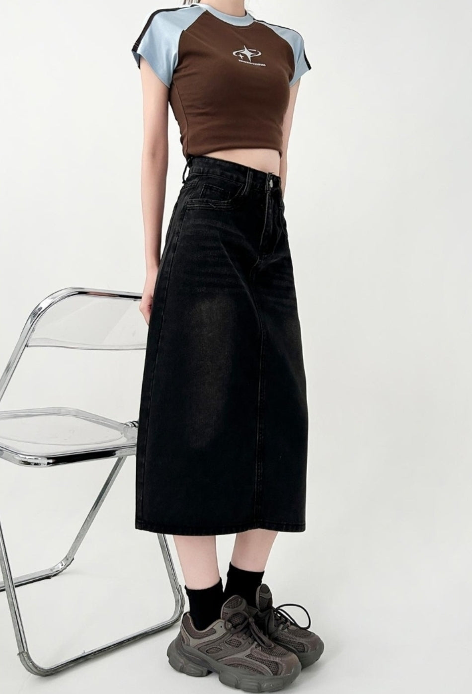 Black Grey Denim Midi Skirt Slim Fit