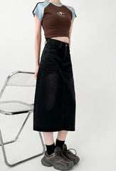 Black Grey Denim Midi Skirt Slim Fit