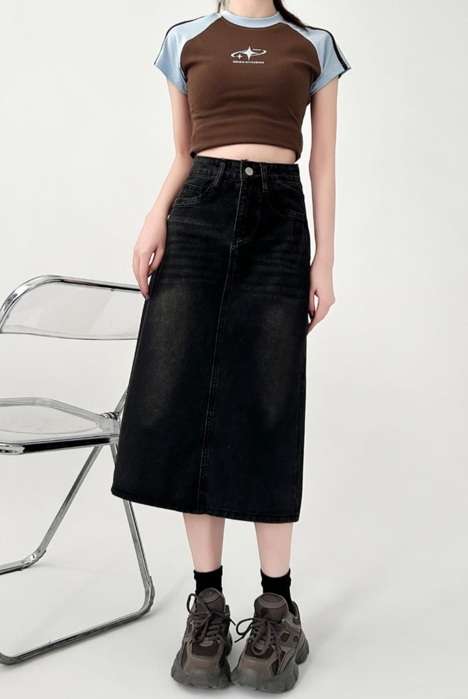 Black Grey Denim Midi Skirt Slim Fit