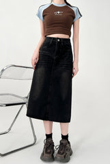 Black Grey Denim Midi Skirt Slim Fit