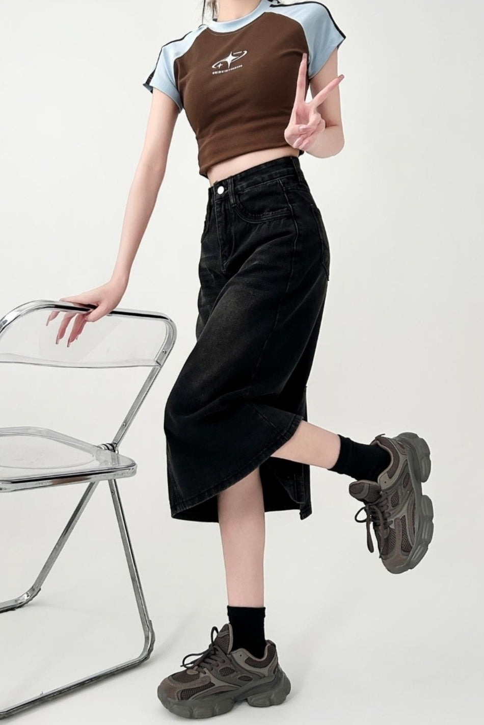 Black Grey Denim Midi Skirt Slim Fit
