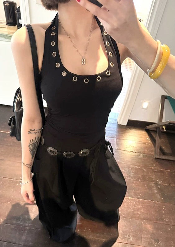 Black Grommet Halter Tank Top