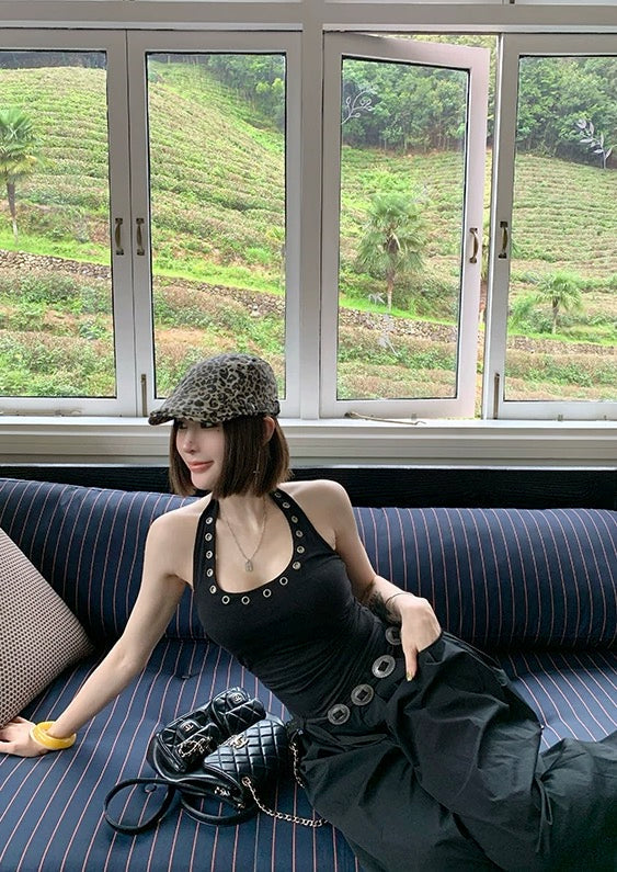 Black Grommet Halter Tank Top