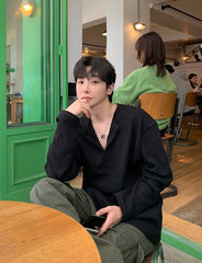 Black Half-Buttoned Long Sleeve T-Shirt