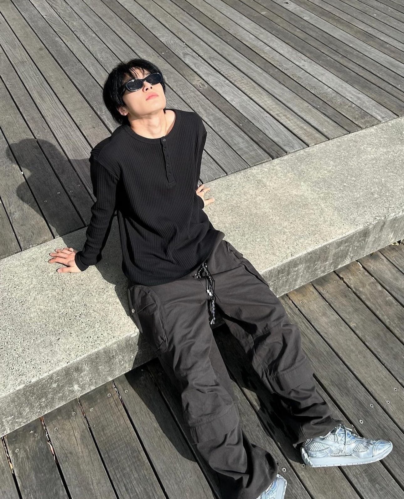 Black Half-Buttoned Long Sleeve T-Shirt